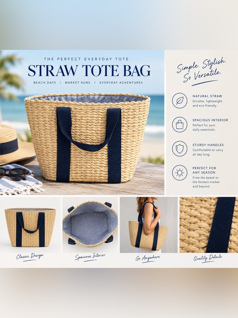 Natural Straw Tote with Navy Handles – Everyday Women's Beach & Market Bag